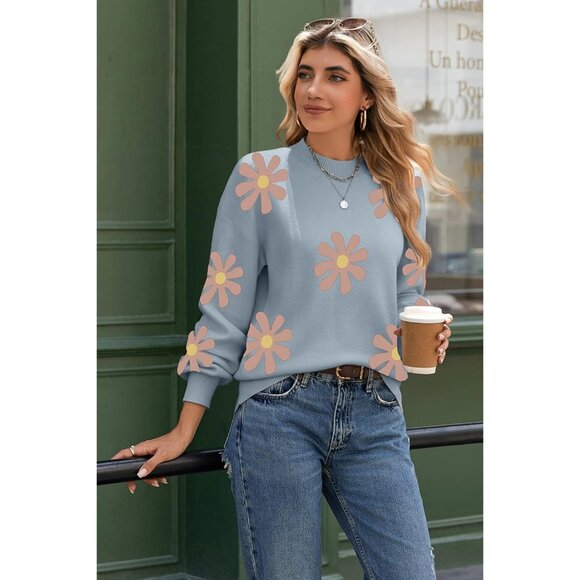 Zeagoo Women's Blue-flower Long Sleeve Pullover Ribbed Knitted Pattern Sweater - Picture 2 of 7